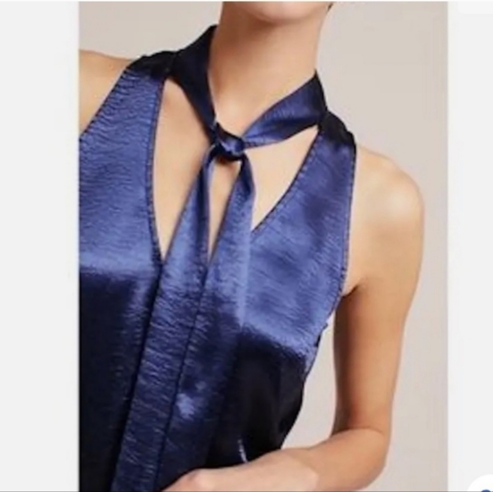 Anthropologie Maeve Navy Satin Tie Neck Sleeveless Swing Blouse Top 2P - Picture 4 of 16